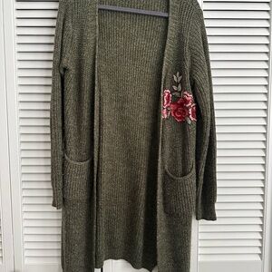 Olive Green Floral Embroidered Women's Sweater